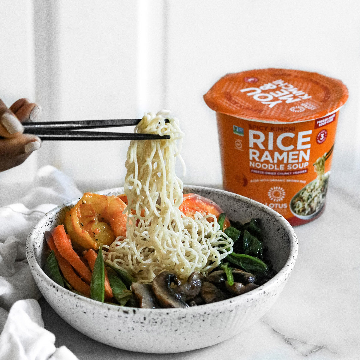 Spicy Kimchi Ramen Shrimp Bowl – Lotus Foods